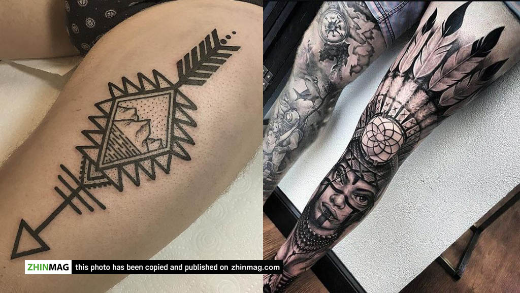 arrow and feathered Thigh Tattoo Ideas for Men