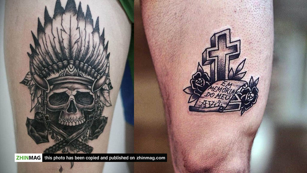 skull and cross thigh tattoo